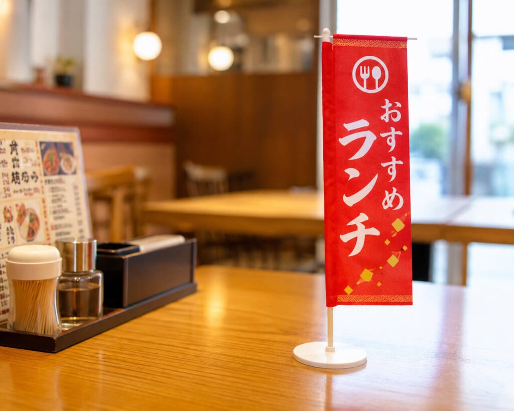 飲食店のテーブル席にある巻き上がらないミニのぼり