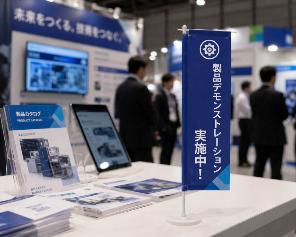 展示会で設置されている巻き上がらないミニのぼり